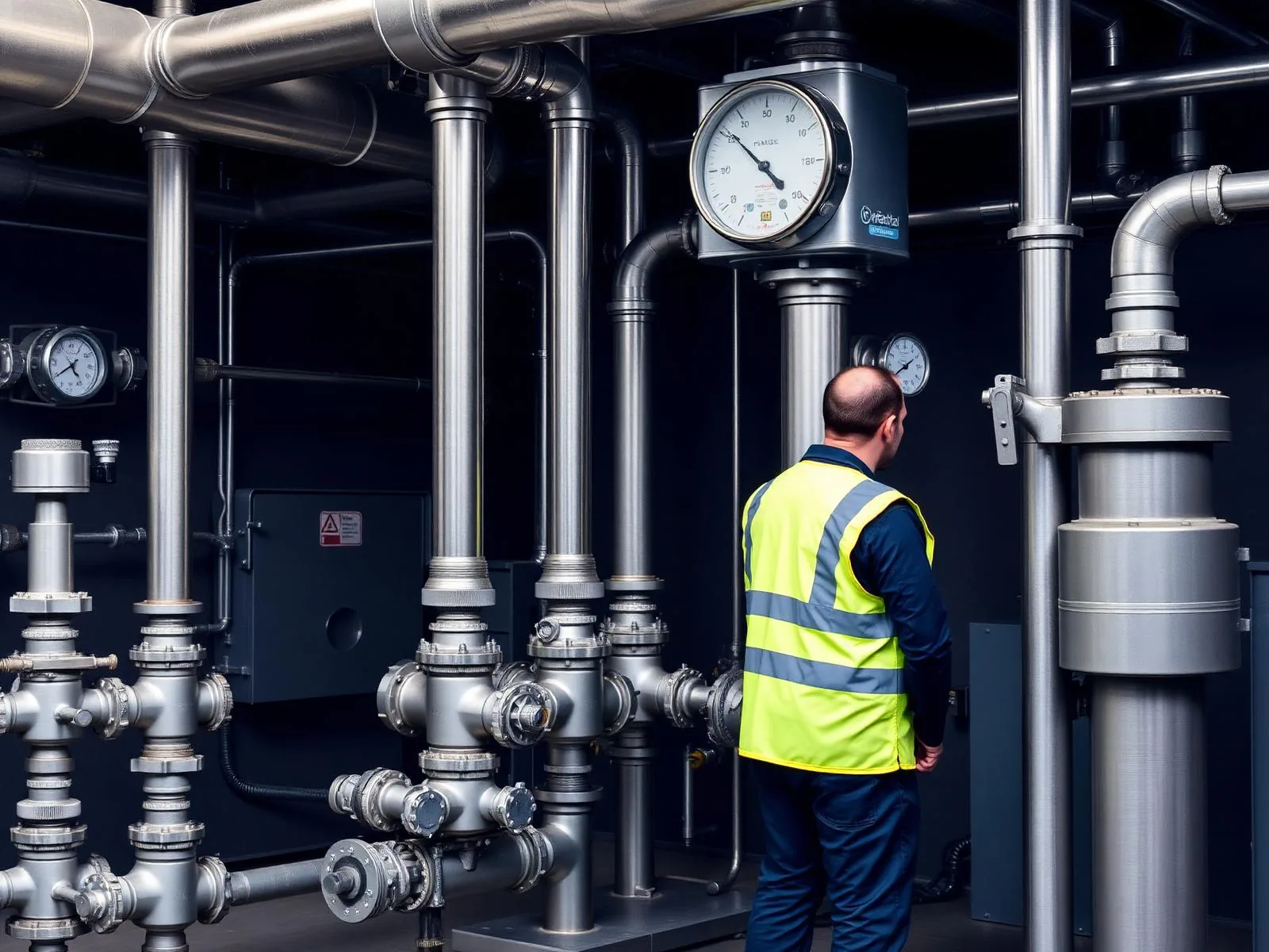 Technická miestnosť s rozvodmi vody, ventilmi a tlakomermi vo firemnom objekte